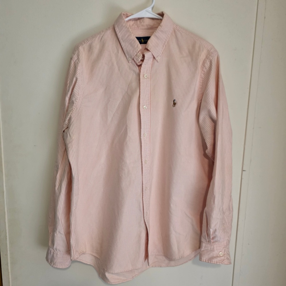 Ralph Lauren Mens Button Down Shirt Size Large Orange Striped Flesh Pony Preppy